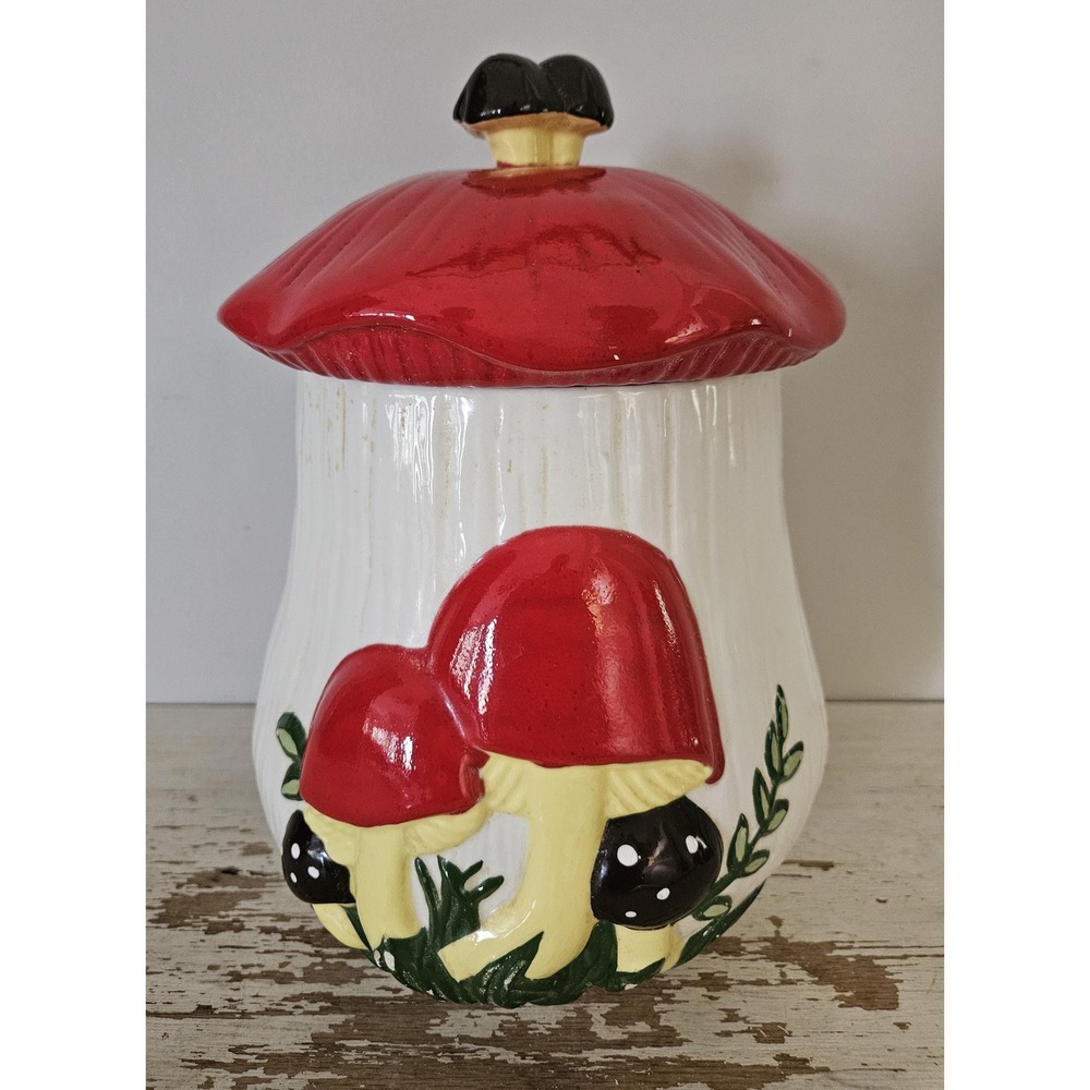 Vintage Arnels Ceramic Mushroom Canister Red Brown Green Unique Rare Collection
